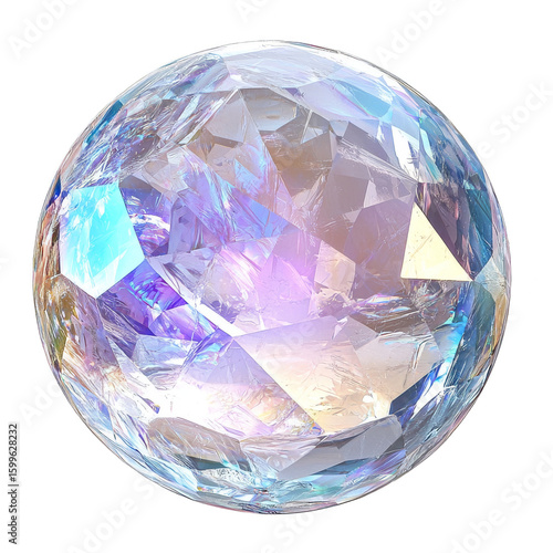 Iridescent crystal sphere reflecting light, isolated on a transparent background.