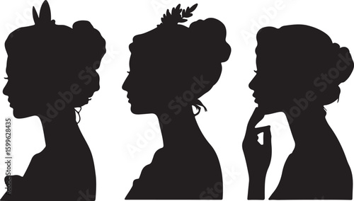 Three elegant female silhouettes with elaborate hairstyles profile portrait