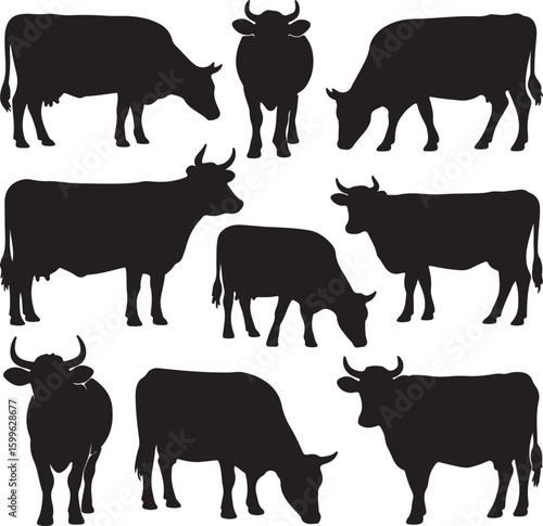 Various cattle silhouettes in different poses cows livestock