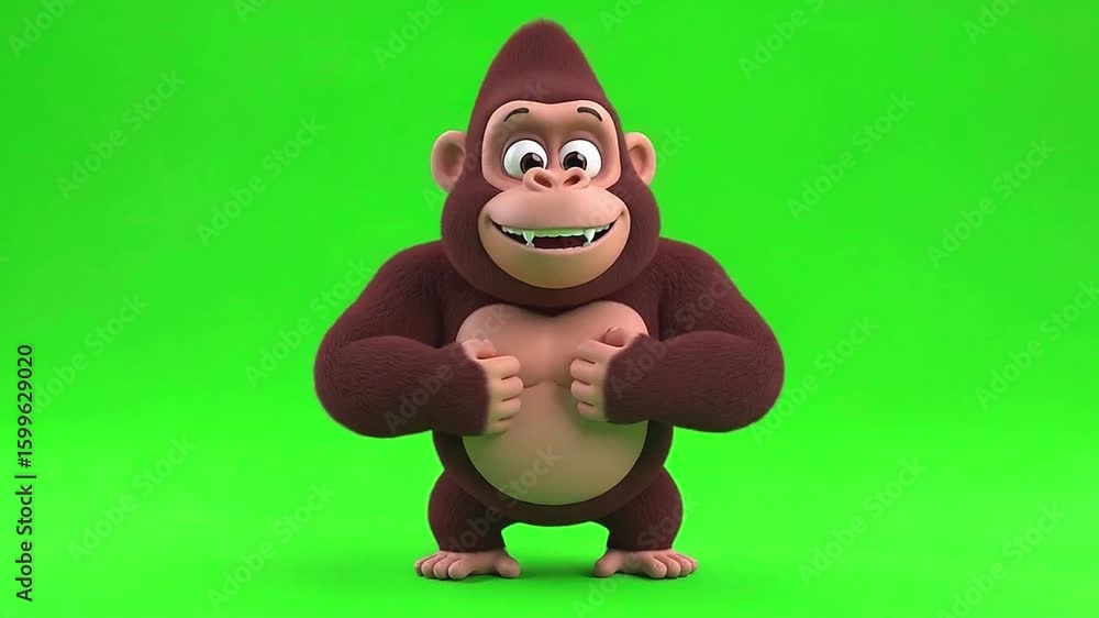 Adorable 3D Cartoon Gorilla Pounding Chest Gently with Happy Face on Green Screen for Kids Animation Adorable 3D Cartoon Gorilla Pounding Chest Gently with Happy Face on Green Screen for Kids Animation