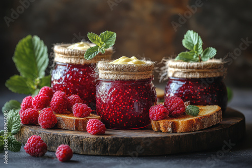 Fresh ras jam on wooden board.
