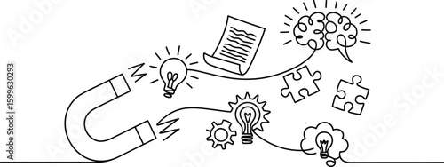 Magnet Attracting Ideas Brain Puzzle Pieces Light Bulbs and Document