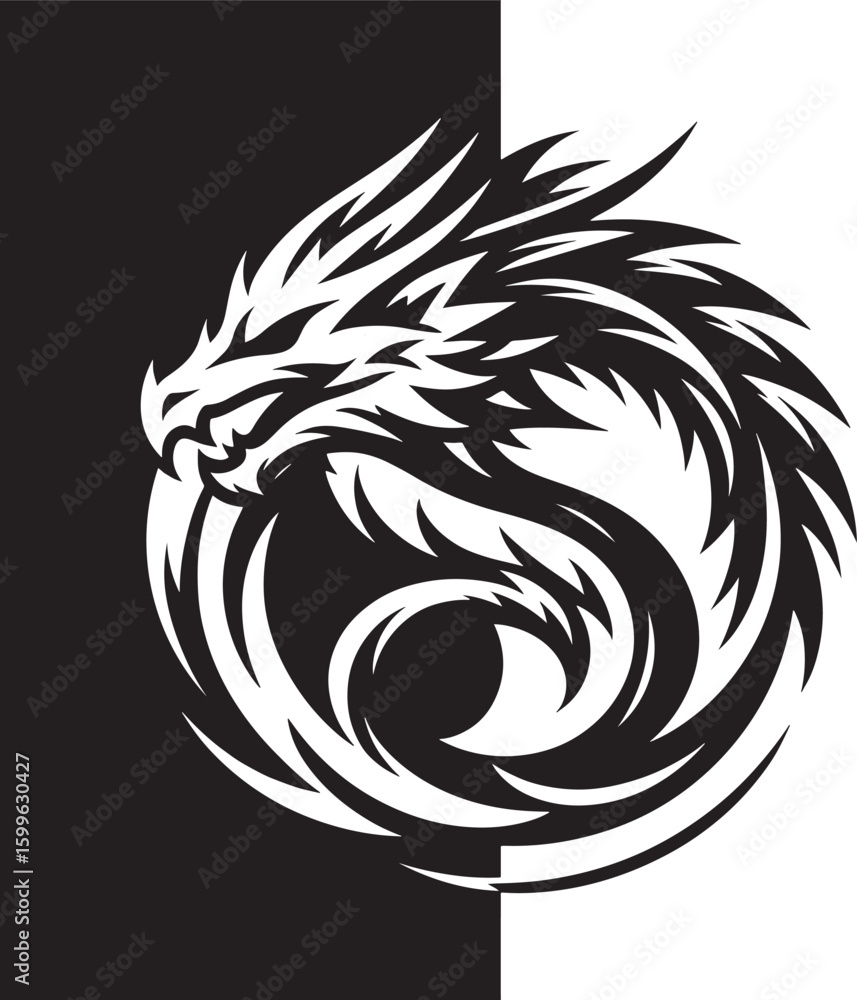 Fototapeta premium Dragon tattoo on black and white background. Vector illustration for your design