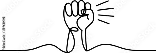 Black Outline Fist Raised with Light Rays on White Background