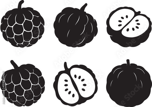 Black silhouette of custard apples and sliced custard apples fruit black and white