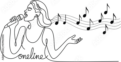 Black Line Art Singer with Microphone and Musical Notes on White