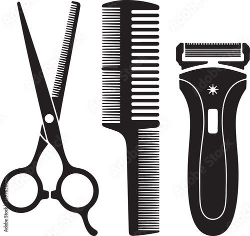 Black silhouette of grooming tools including scissors combs and electric shaver vector