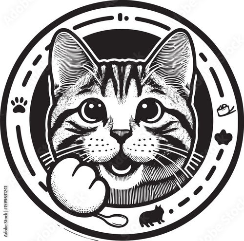 Cat Logo Design Concept. Cute Cat Head in Cafe Interior.