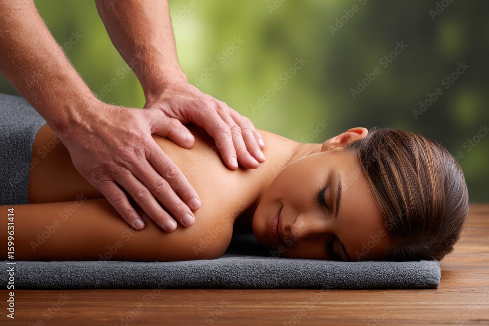 Obraz premium A woman is lying face down on a massage table with her eyes closed, receiving a relaxing back massage from a therapist. The setting appears calm and serene, with a soft, natural background.