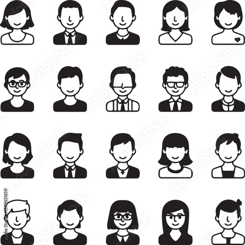 Diverse individuals smiling with various hairstyles and attire people icons