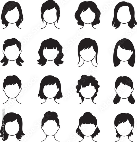 Diverse hairstyles silhouette collection black and white portrait
