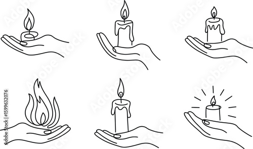 Black outline hands holding lit candles with flames and light rays