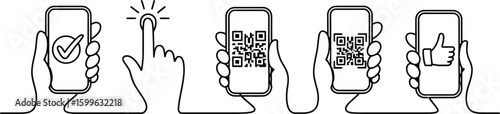 Smartphone Hand Gestures Checkmark Q R Code Like Thumb Up Black and White