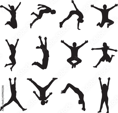 Energetic figures leaping and tumbling in dynamic poses silhouette people