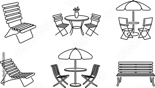 Black and white outdoor furniture illustrations set on white background
