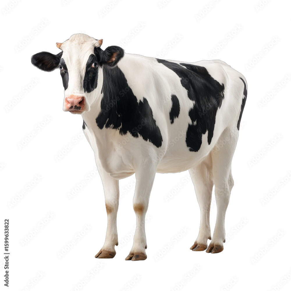 Black and white dairy cow standing proudly, gentle and curious expression, farm setting, embodies rural life and agriculture. Isolated on white background or PNG Black and white dairy cow standing proudly, gentle and curious expression, farm setting, embodies rural life and agriculture. Isolated on white background or PNG