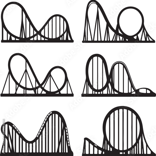 Roller coaster silhouettes with loops and drops amusement park thrill ride