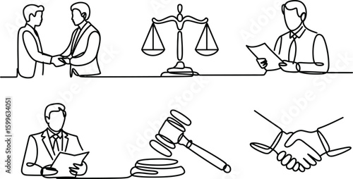 Legal and Business Concepts Illustrated in Black Line Art