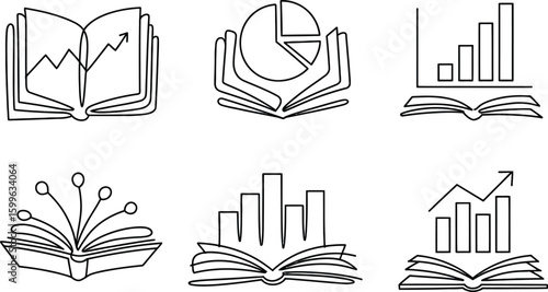 Black line art books with charts and graphs on white background
