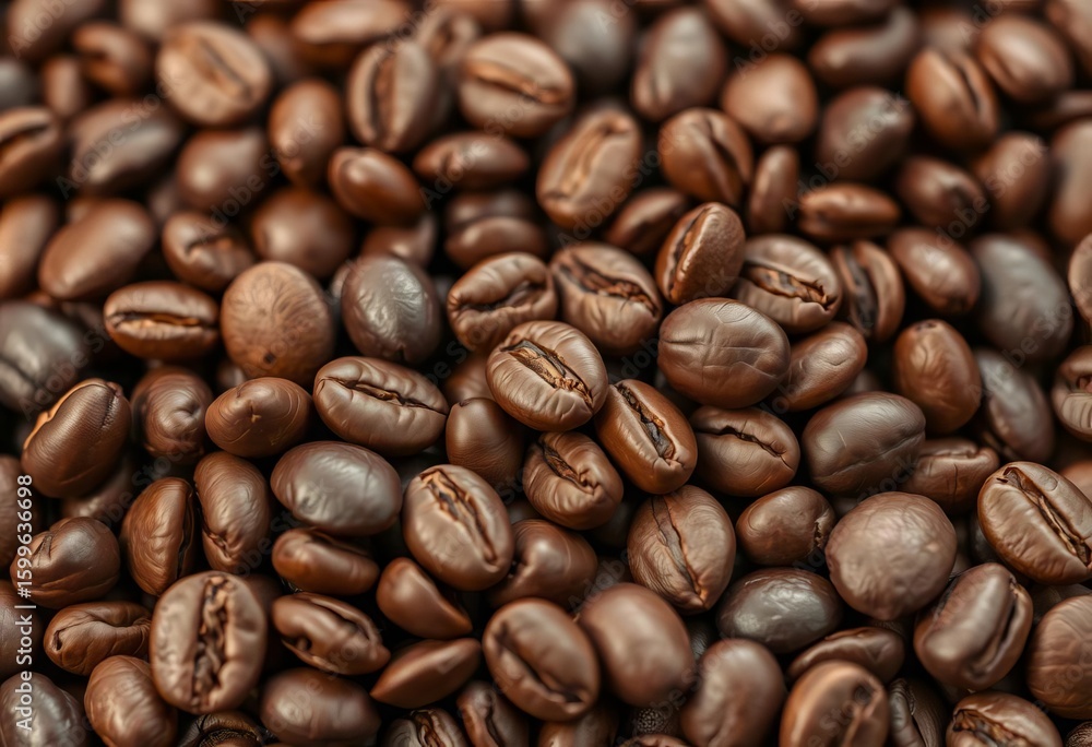 Fototapeta premium Close-up of roasted coffee beans, rich brown hues, uneven surface texture, drink, backdrop