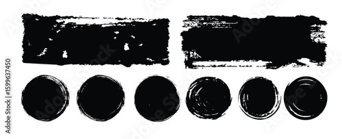 Straight thick vector lines. Black hand drawn brushstroke text boxes.