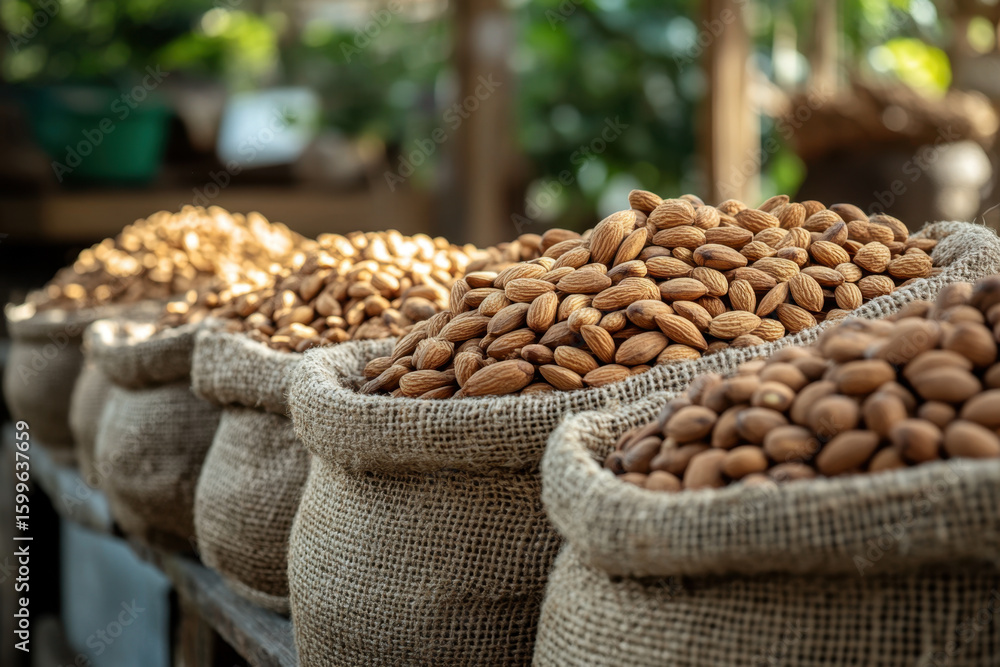 Obraz premium Almonds displayed in a basket.