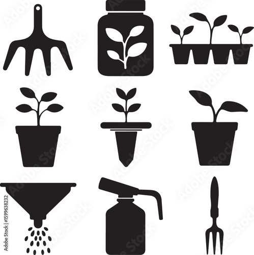 Garden tools and plants seedlings rake