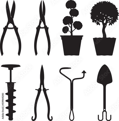 Garden tools and potted plants pruning shears hedge shears