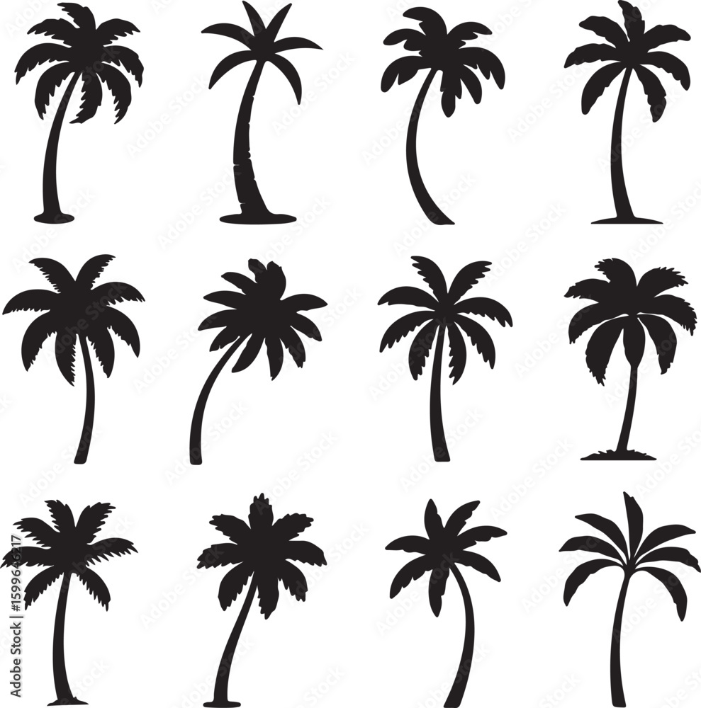 Fototapeta premium Twelve black palm tree silhouettes on a white background palm trees tropical