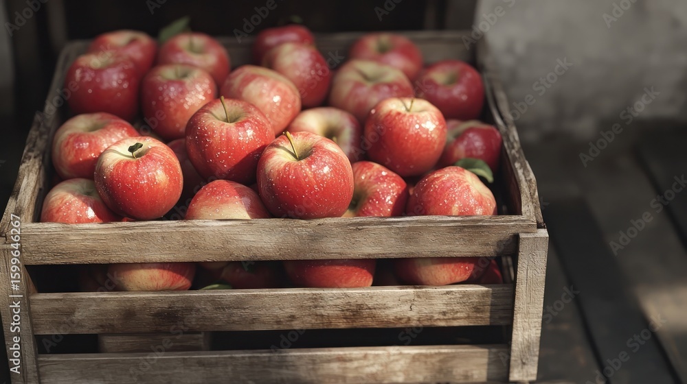 Fresh apples displayed in a rustic wooden crate in high detail Fresh apples displayed in a rustic wooden crate in high detail