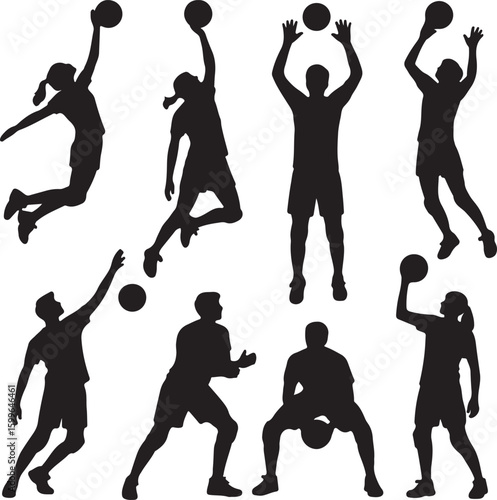 Volleyball players in action silhouette jumping