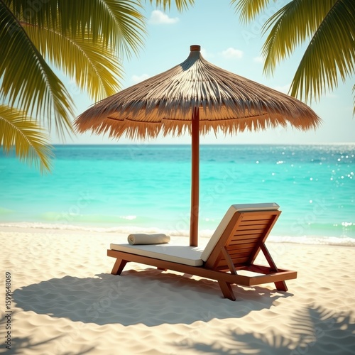 Wooden Beach Chair and Straw Umbrella on White Sand