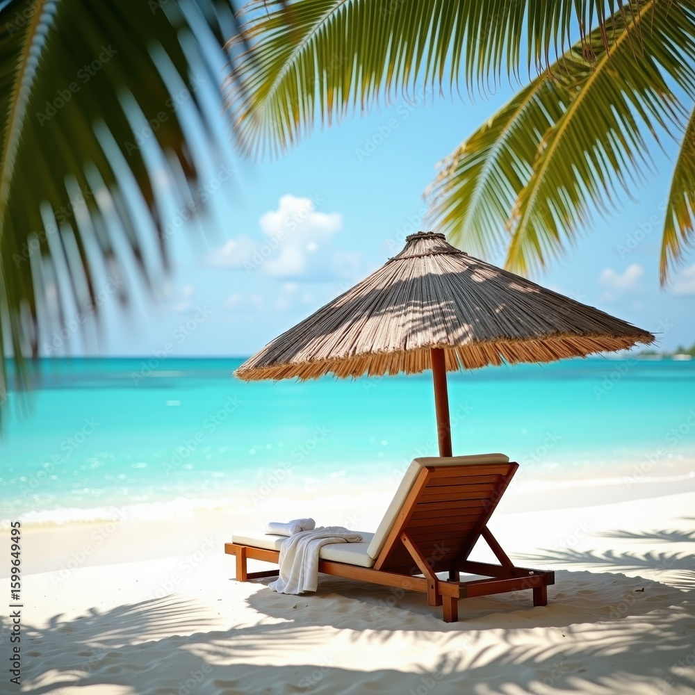 Obraz premium Wooden Beach Chair and Straw Umbrella on White Sand