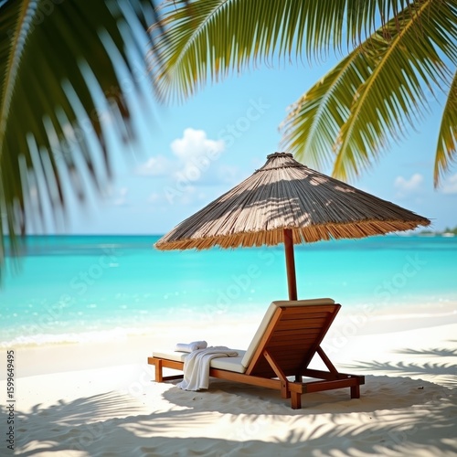 Wooden Beach Chair and Straw Umbrella on White Sand