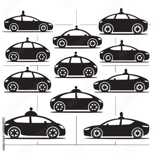Collection of silhouette vector illustrations of modern autonomous self driving electric cars with roof mounted sensors