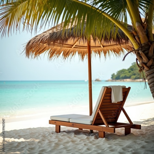 Wooden Beach Chair and Straw Umbrella on White Sand