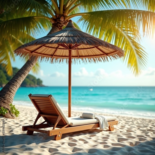 Wooden Beach Chair and Straw Umbrella on White Sand