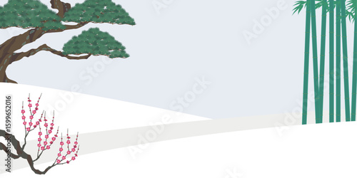 古松、竹林、梅の花のイラスト。日本の縁起物の背景。