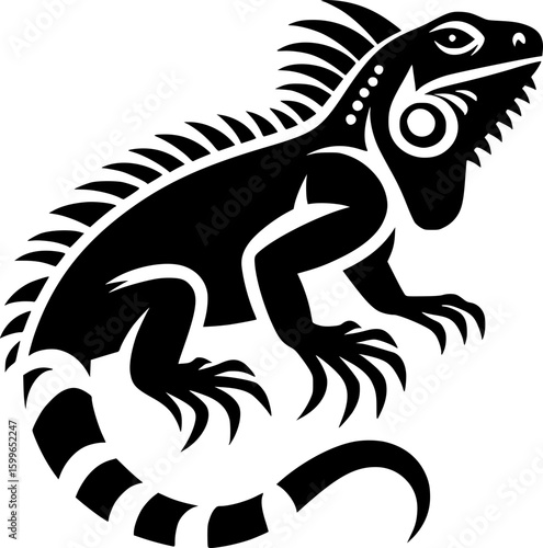 Minimalist black and white iguana icon with clean lines, modern style, no shading—perfect for logos, stickers, or digital design.
