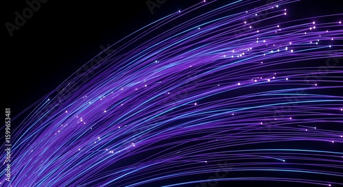 A vibrant stream of glowing purple and blue fiber optic lights pulses forward against a dark background, symbolizing data transmission and highspeed communication networks