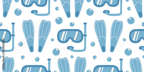 Seamless pattern with blue snorkeling masks, fins, and bubbles on white background. Flat vector ornament for print, banner, card, fabric, cover, wrapping paper, wallpaper