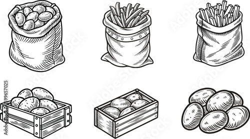 Collection of hand drawn illustrations depicting sacks and crates filled with fresh potatoes and a pile of potatoes