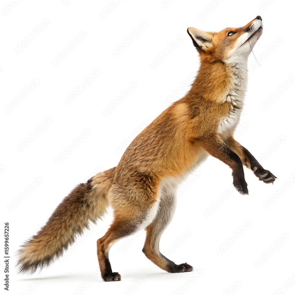 Fototapeta premium red fox jumping looking up two years old isolated