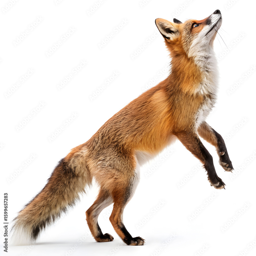 Fototapeta premium red fox jumping looking up two years old isolated