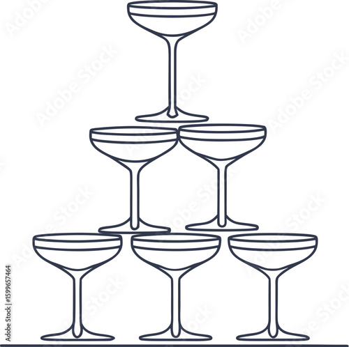 Elegant pyramid of empty champagne coupe glasses arranged for a celebratory toast or special event