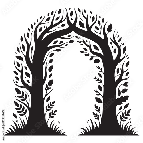 Enchanted forest archway formed by silhouetted trees with leafy branches creating a natural gateway on a white background