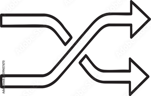 Simple black and white line art icon representing a shuffle or random playback function with two intertwined arrows crossing over each other