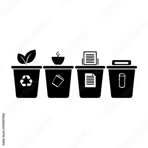 Waste Sorting Bins: Monochrome Icons
 A clear and effective set of black and white minimalist icons illustrating properly used sorted waste bins for organic, inorganic, paper, and plastic