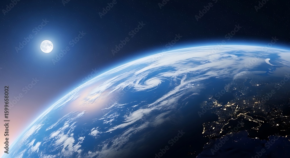 Obraz premium Majestic earth from space with the moon shining brightly in the distance