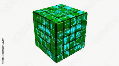 A massive, floating puzzle cube in a digital void, with individual green screen tiles on each face. The cube rotates as some tiles slide and swap positions, revealing shifting glowing lines beneath.